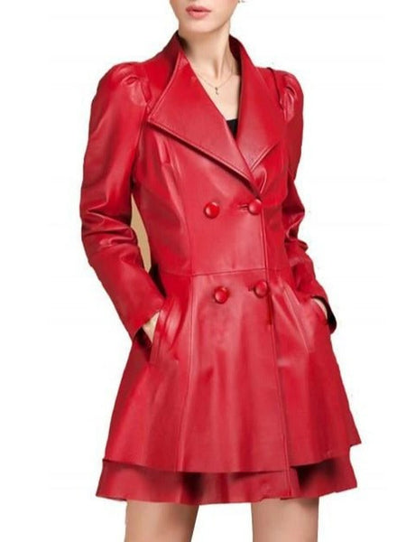 NOORA Women's Lambskin Red Leather Trench Coat, Designer Back Knot Flare Coat With Puff Sleeves YK0252 — standardized studio hero