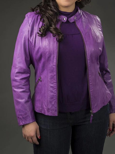NOORA New Brand Women's Purple Lambskin Leather Motorbiker Jacket Zipper Pocket With Chinese Collar| JS09 — standardized studio hero