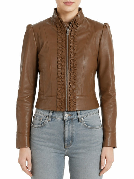 Noora Ladies Lambskin Brown Leather Jacket, Stylish Party Wear Jacket & Designer Attractive Jacket YK072