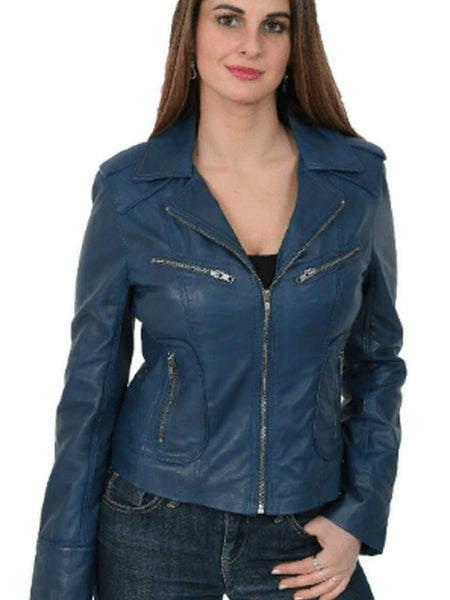 NOORA Women & Girls Lambskin Genuine Leather CROPPED Biker BLUE Jacket, Designer Morden Jakcet YK14 — standardized hero
