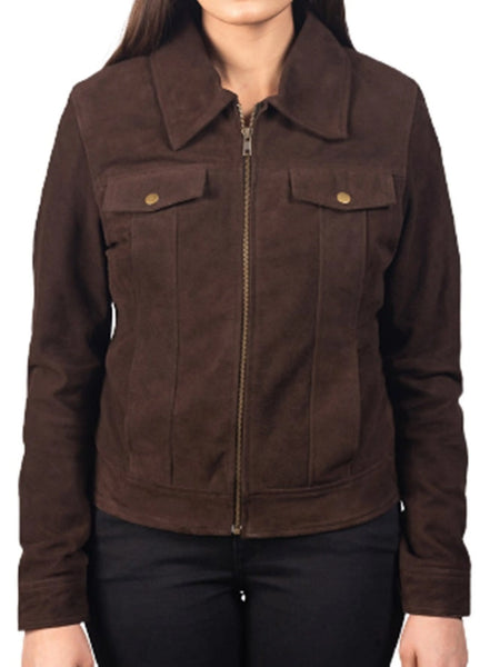 NOORA New Ladies Dark Brown Suede Leather Jacket, Casual Western motorcycle Jacket YK0249 — standardized studio hero