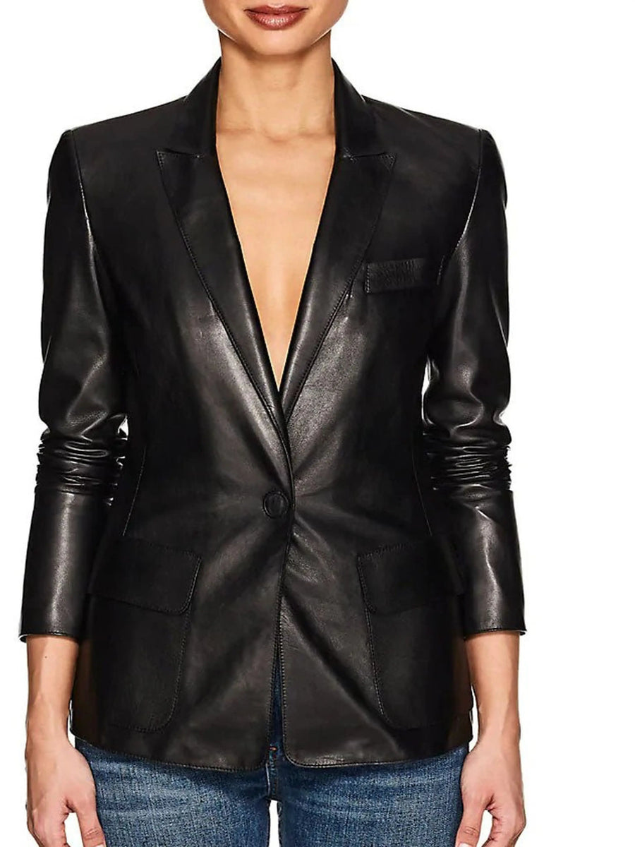 Womens Black Lambskin leather Blazer, Black Formal Leather Blazer, Black Meeting Wear Leather