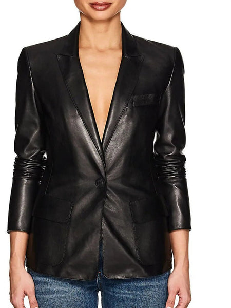 Noora Womens Black Lambskin leather Blazer | Black Formal Leather Blazer | Black Meeting Wear Leather Blazer With Button Closure SU0182 — standardized studio hero