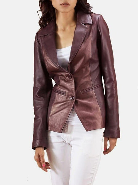 Noora Women's Lambskin Maroon Leather Blazer Jacket For MEETINGS, Stylish Casual Blazer Jacket YK0257 — standardized studio hero