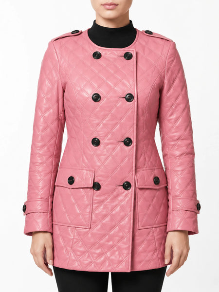 Noora New Womens Real Lambskin Baby Pink Leather Coat With button, Quilted Designer Trench Collarless Coat YK061 — standardized hero