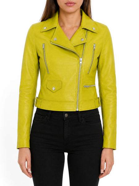 NOORA New Ladies Women's BRANDO Cropped Lime Green Fashion Style Biker Bomber Motorcycle Soft Leather ST0213 — standardized studio hero