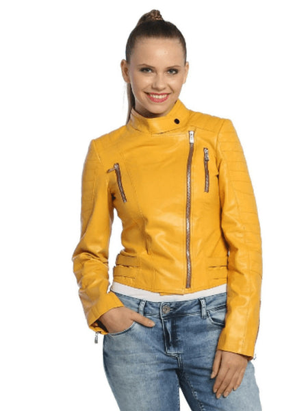 NOORA New Womens Lambskin yellow Leather Jacket, Biker Slim Fit Quilted Designer Jacket, Glossy Jacket YK066 — standardized hero