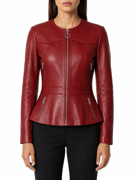 Womens Lambskin Red Leather Jacket Motorcycle Jacket, Blood Red Collarless Jacket, Valintine Jacket
