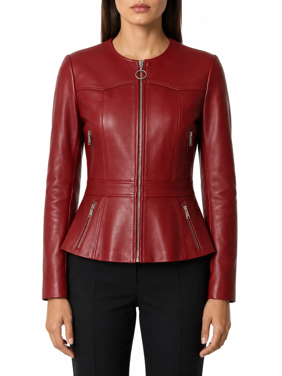 Womens Lambskin Red Leather Jacket Motorcycle Jacket, Blood Red Collarless Jacket, Valintine Jacket