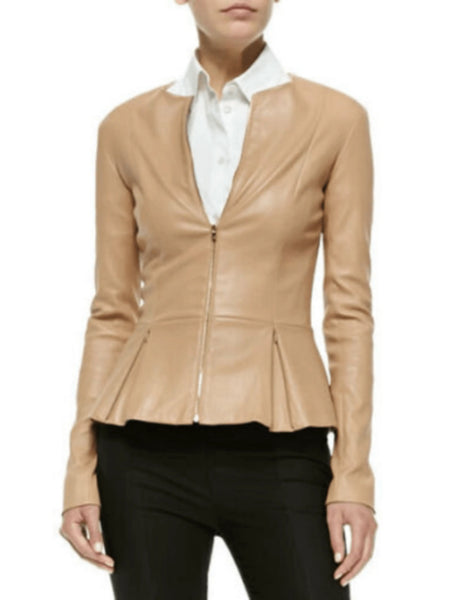 NOORA New Womens Lambskin Beige Leather Jacket | Outfit Glossy Leather Jacket | Vintage Leather Dress YK079 — standardized leather jacket hero