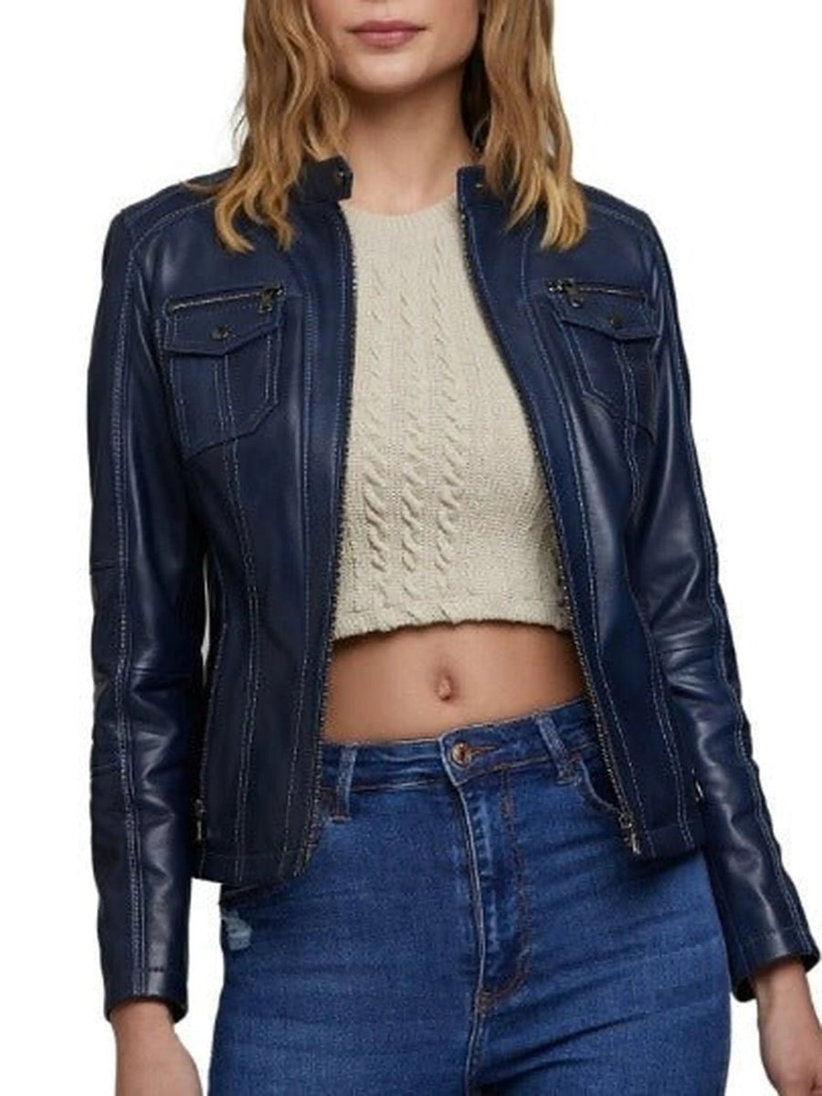 Women's Navy Blue Leather Jacket, Custom Made Oversize Jacket, Casual Slim Fit Ladies Leather Jacket