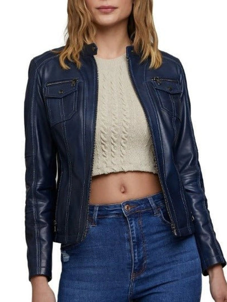 Noora Women's Navy Blue Leather Jacket, Custom Made Oversize Jacket, Casual Slim Fit Ladies Leather Jacket — standardized studio hero