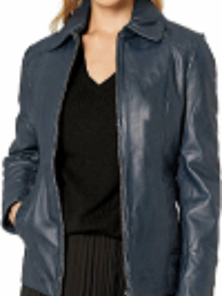 NOORA Womens Lambskin Navy Blue Leather Jacket Motorcycle Slim fit Biker Jacket With Zipper Closure YK064 — standardized studio hero