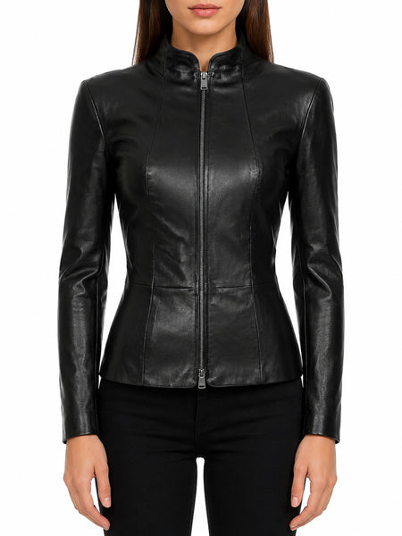 NOORA Womens Lambskin Black Leather Jacket Pleated Fashion Jacket With Zipper Closure | Slim Fit Jacket for Halloween YK065 — standardized studio hero