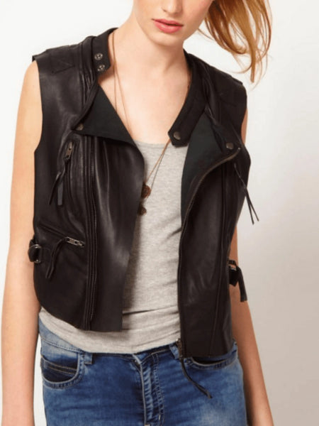 Noora New Womens Lambskin BLACK Leather Vest Coat With Zipper & Pocket | Designer Biker Coat For Girls YK076 — standardized leather jacket hero