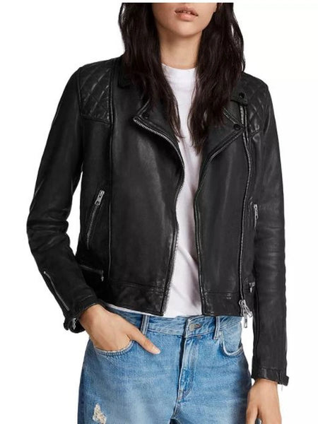 Noora New Womens Lambskin Black Leather Jacket With Long Sleeves Zipper & Snap, Trendy Biker Style Jacket rt148 — standardized leather jacket hero