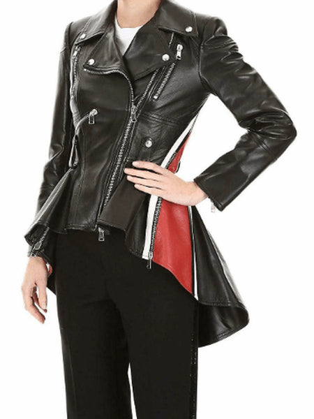 NOORA Stylish Black Lambskin Leather RED Stripped Designer Glossy Jacket Women Color Block Trench Flare Coat YK26 — standardized hero