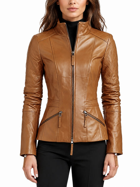 Women Lambskin Tan Leather Jacket, Motorcycle Jacket, Zip Closure Designer Jacket