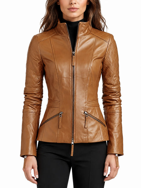 Noora New Women Lambskin Tan Leather Jacket | Motorcycle Jacket, Zip Closure Designer Jacket YK062 — standardized leather jacket hero