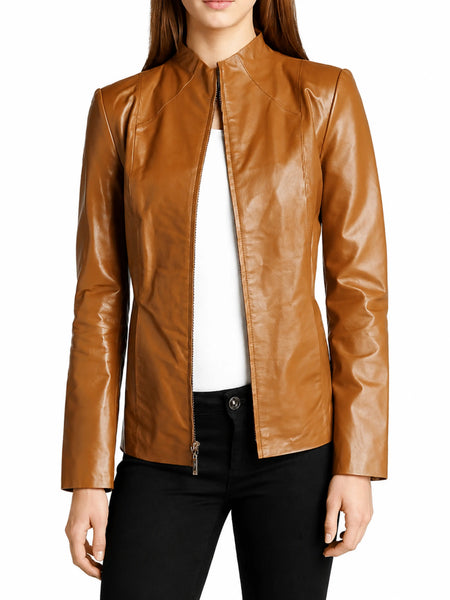 NOORA Glossy Tan Leather Biker Jacket For Women/ Lambskin Leather Jacket With Zipper YK20 - standardized hero