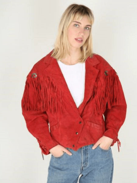 Noora Womens Authentic Red Suede Fringe Style Jacket Biker Motorcycle Lambskin Suede valentine's special Jacket — standardized studio hero