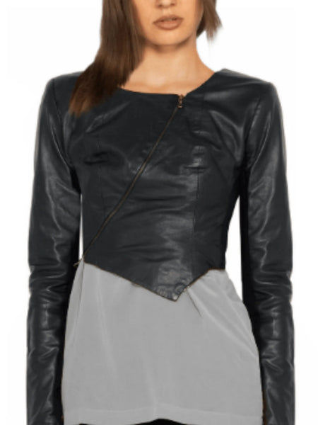 Noora Womens Lambskin Shiny Black Leather Jacket | CROPPED Motor Biker Jacket |Beautiful Look With CROSS Zipper YK081 — standardized studio hero