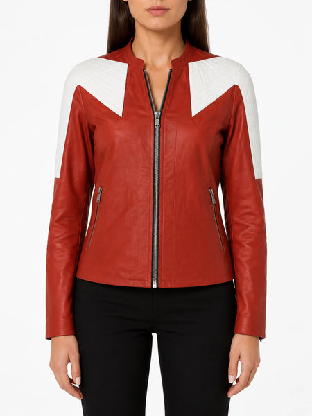Noora Womens Red & White Combination Biker Leather Jacket Quilted Leather Jacket Color Block Leather Jacket JS01 — standardized studio hero