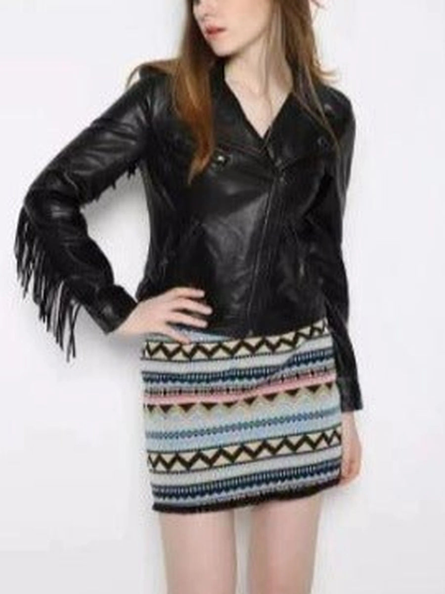 Womens Lambskin Black Fringe Leather Jacket With Long Sleeves, Tassel Designer Biker Coat