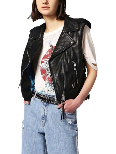 Noora New Womens Lambskin BLACK Leather Vest Coat With Sleeveless, Braided Designer Biker Coat YK0210 — standardized leather jacket hero