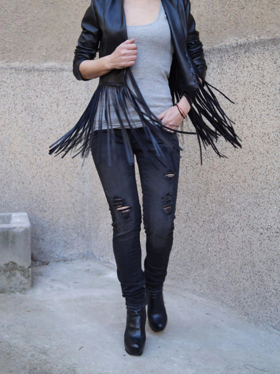 Womens Lambskin Black Fringe Leather Jacket With Long Sleeves, Designer Biker Coat