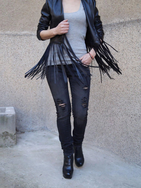 Noora New Womens Lambskin BLACK Fringe Leather Jacket With Long Sleeves, Designer Biker Coat YK0216 — standardized leather jacket hero