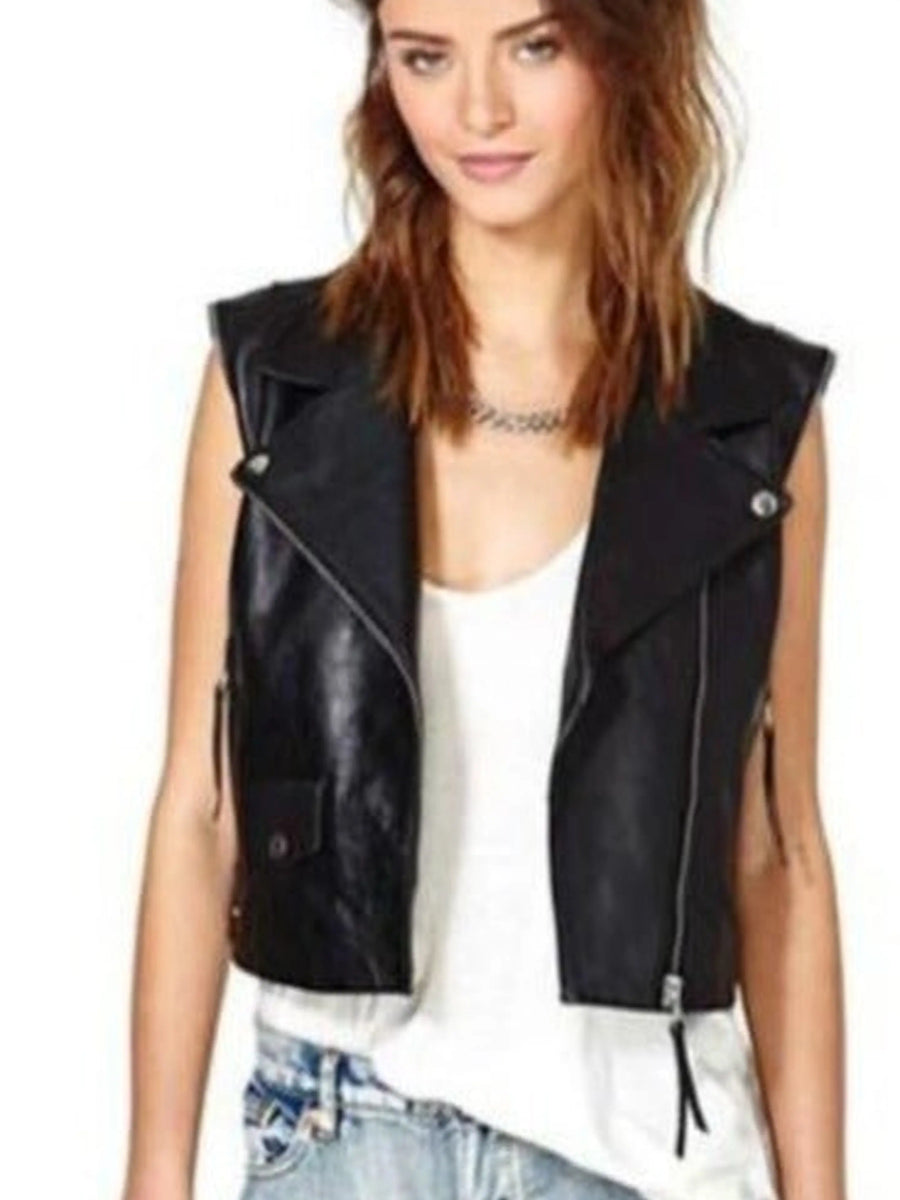 Womens Lambskin Black Leather Jacket With Zipper, Designer Biker Vest Coat