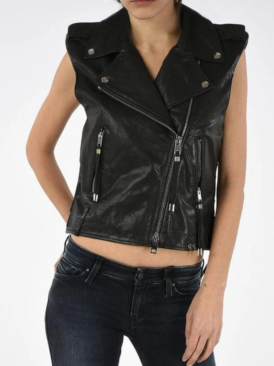 Womens Lambskin Black Leather Vest Coat With Buckle, Braided Designer Biker Sleeveless Coat