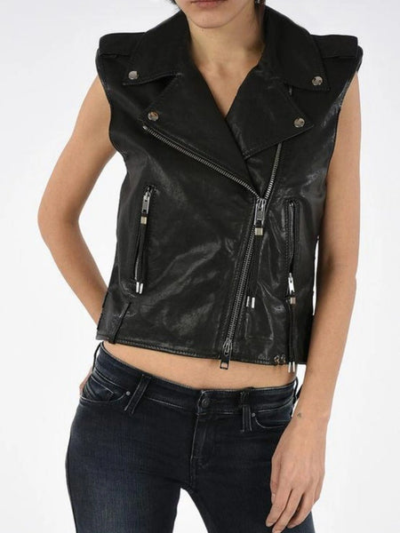 Noora New Womens Lambskin BLACK Leather Vest Coat With Buckle, Braided Designer Biker Sleeveless Coat YK0211 — standardized leather jacket hero