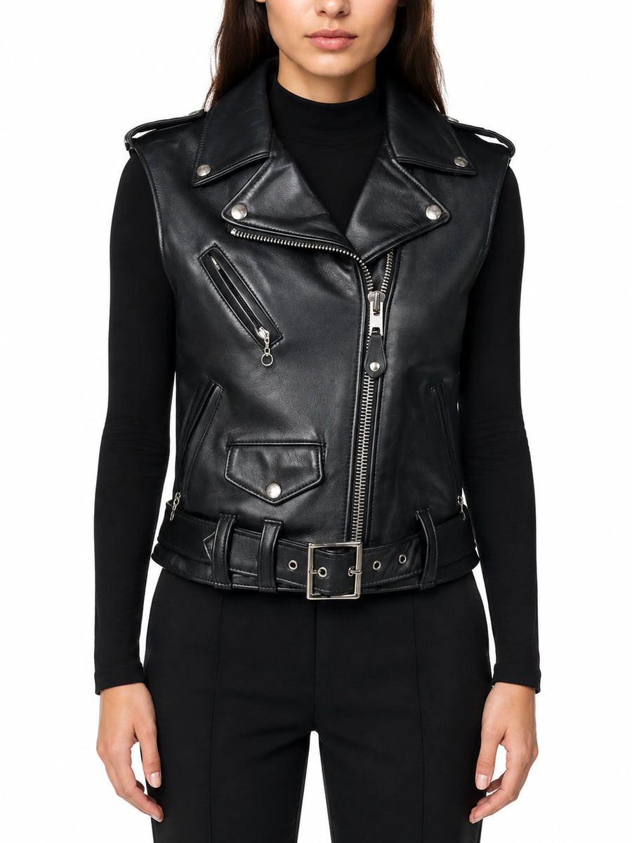 Womens Lambskin Black Leather Vest Coat With Zipper, Designer Biker Belted Coat, Retro Style Jacket