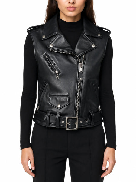 Noora New Womens Lambskin Black Leather Vest Coat With Zipper, Designer Biker Belted Coat, Retro Style Jacket YK0236 — standardized leather jacket hero