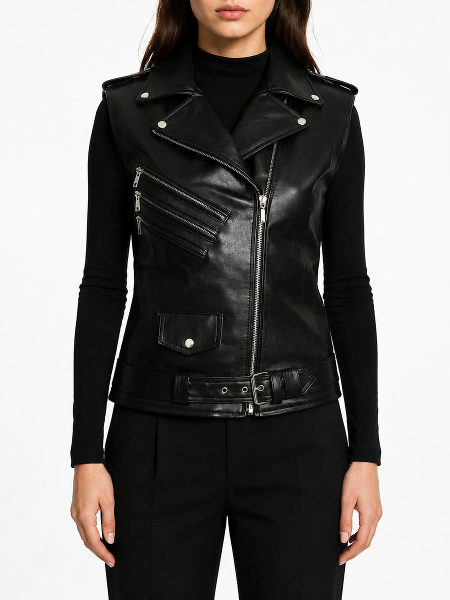 Womens Lambskin Black Leather Vest Coat With Belted, Designer Biker Sleeveless Coat