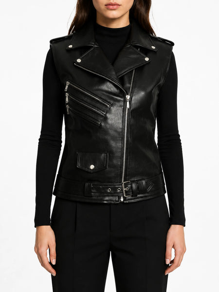 Noora New Womens Lambskin Black Leather Vest Coat With Belted, Designer Biker Sleeveless Coat YK0239 — standardized leather jacket hero