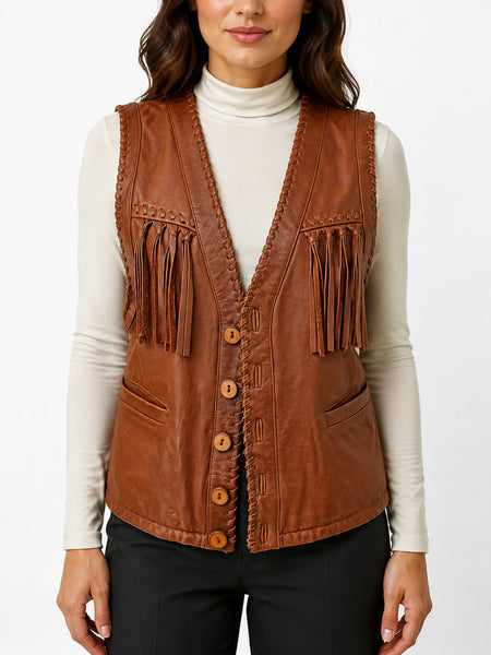 Noora New Womens Lambskin Brown Leather Vest Coat With Sleeveless Fringe Braided Designer Biker Coat | JS15 — standardized leather jacket hero