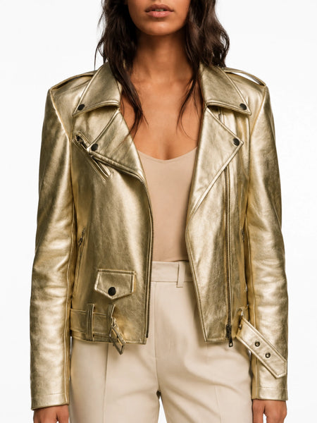 Noora Womens METALLIC GOLD Leather Jacket, PARTY Wear Jacket, Trendy Sparkle Jacket With Belted YK27 — standardized studio hero
