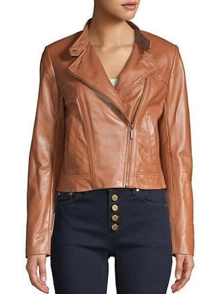 Noora Women's Tan Leather Jacket, Western Party Wear Jacket, Custom Made Oversize Jacket, Casual Slim Fit Winter Jacket — standardized studio hero