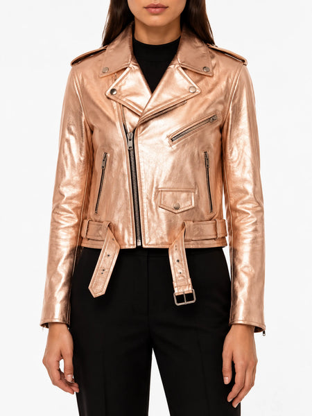 Noora New Women's Rare!!! Metallic Leather Biker Motorcycle Jacket Coat, Ladies Rose Gold Leather Jacket YK018 — standardized leather jacket hero