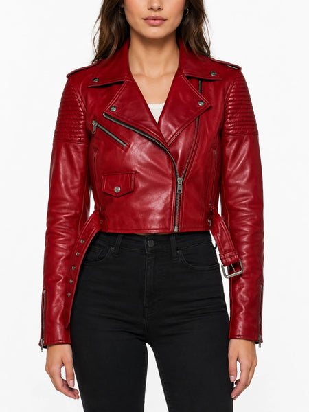 NOORA New Ladies Glossy Maroon Lambskin Long Sleeve Jacket, Rose Red Leather Cropped Jacket : YK21 — standardized studio hero