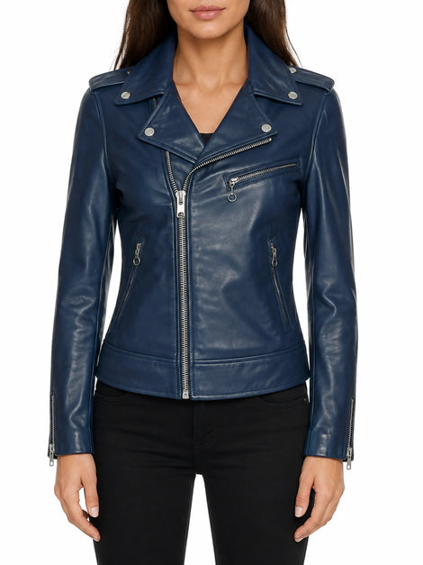Women's & Girls Real Lambskin Navy Blue Leather Biker Jacket, Women Stylish Motorcycle Jacket