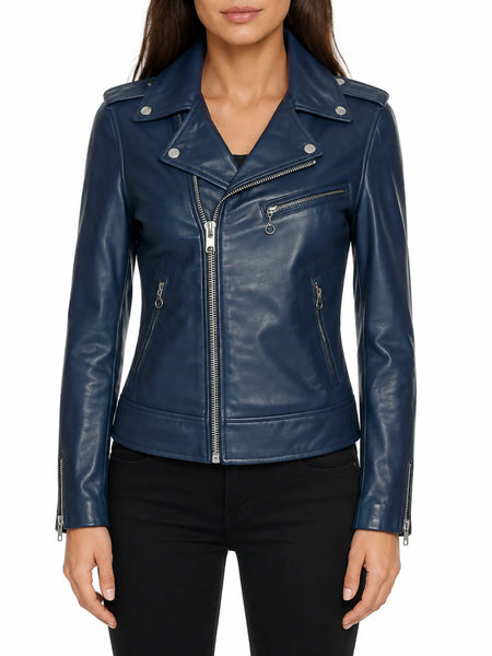 Noora Women's & Girls Real Lambskin NAVY BLUE Leather BIKER Jacket | Women Stylish Motorcycle Jacket - standardized hero