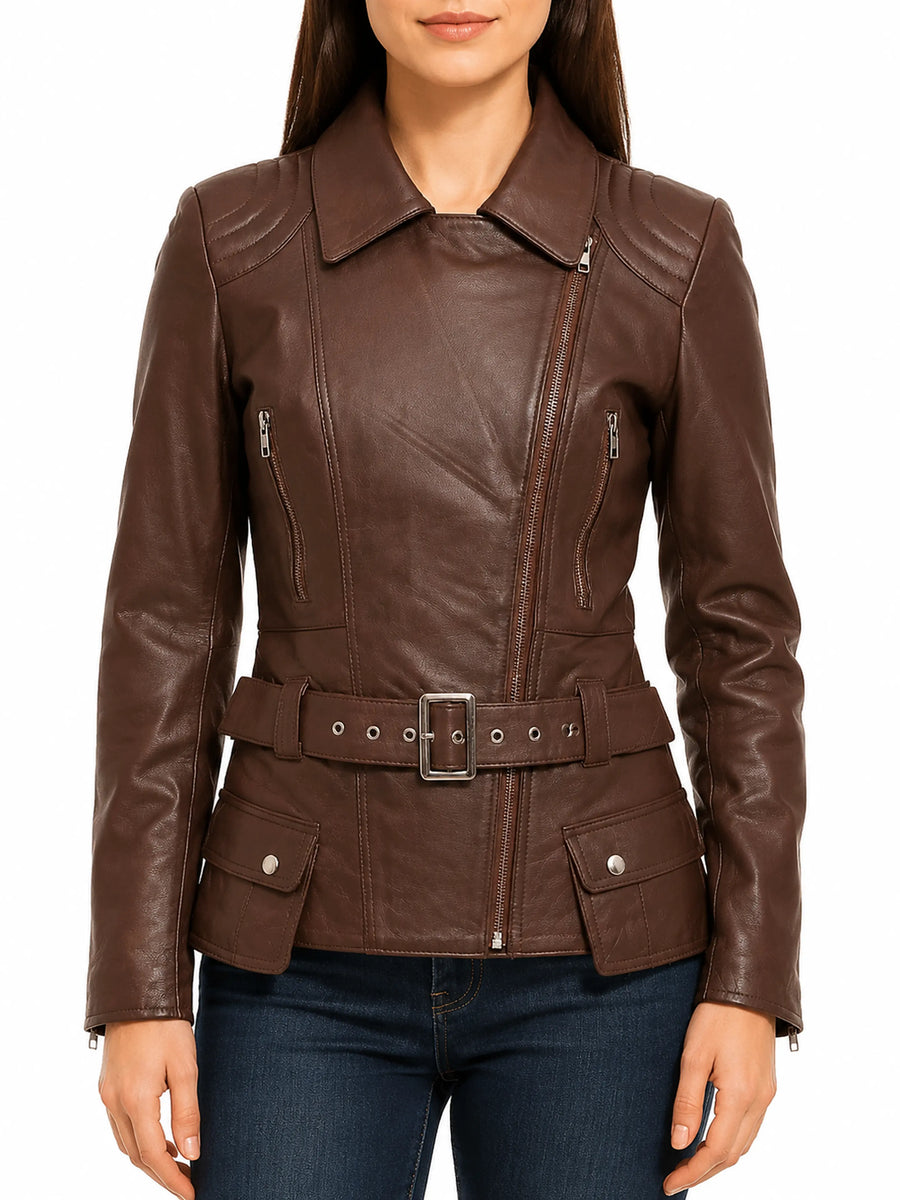 Womens Lambskin Brown Leather Biker Jacket With Zipper & Pocket, Quilted Jacket, Belted Jacket