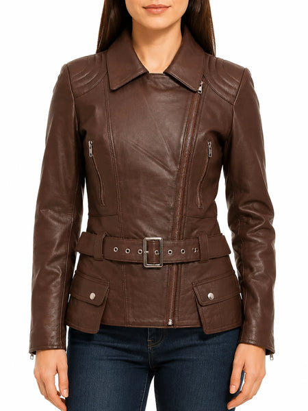 NOORA Womens Lambskin Brown Leather Biker Jacket With Zipper & Pocket | Quilted Jacket | Belted Jacket | ST0167 — standardized studio hero