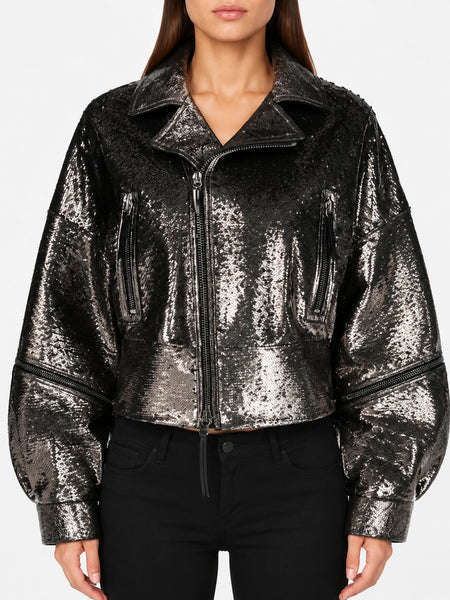 NOORA Women Sparkle Black Leather Jacket | Lambskin leather biker jacket | Shiny & Glitter Jacket YK048 — standardized hero