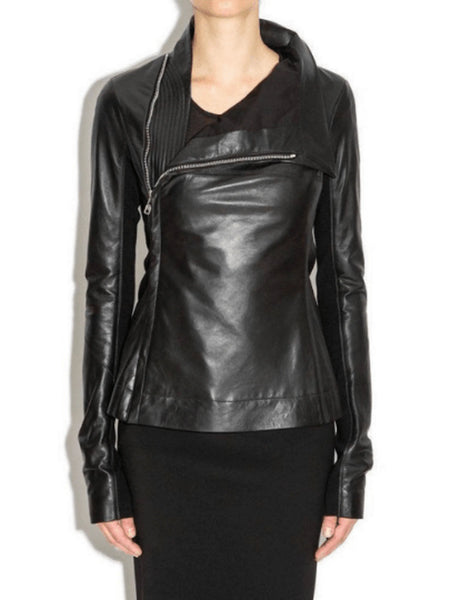NOORA Womens Lambskin Black Leather Cropped Motor Biker Jacket With Cross Zip | Slim Fit Jacket | ST042 — standardized studio hero