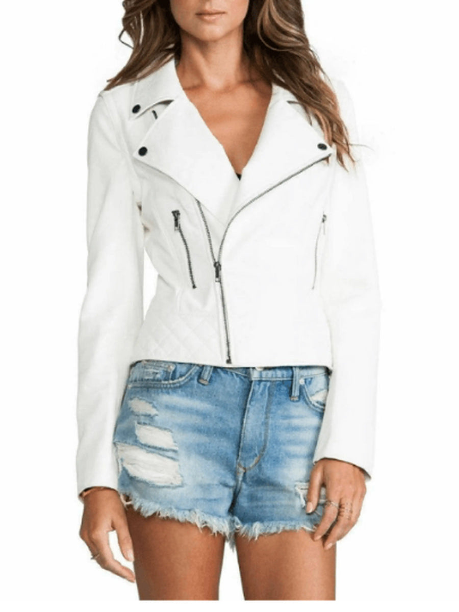Womens Lambkin White Leather Biker Style Jacket With Zipper & Zipped Pocket, Snap On Collar